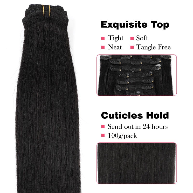 Sassina Clip in Human Hair Extensions Yaki Straight Style Natural Color Remy Unprocessed Soft Clip on Extensions Invisible Double Weft Human Hair Extensions 7 Pieces/Set 16 Inch 120 Grams - Image 2